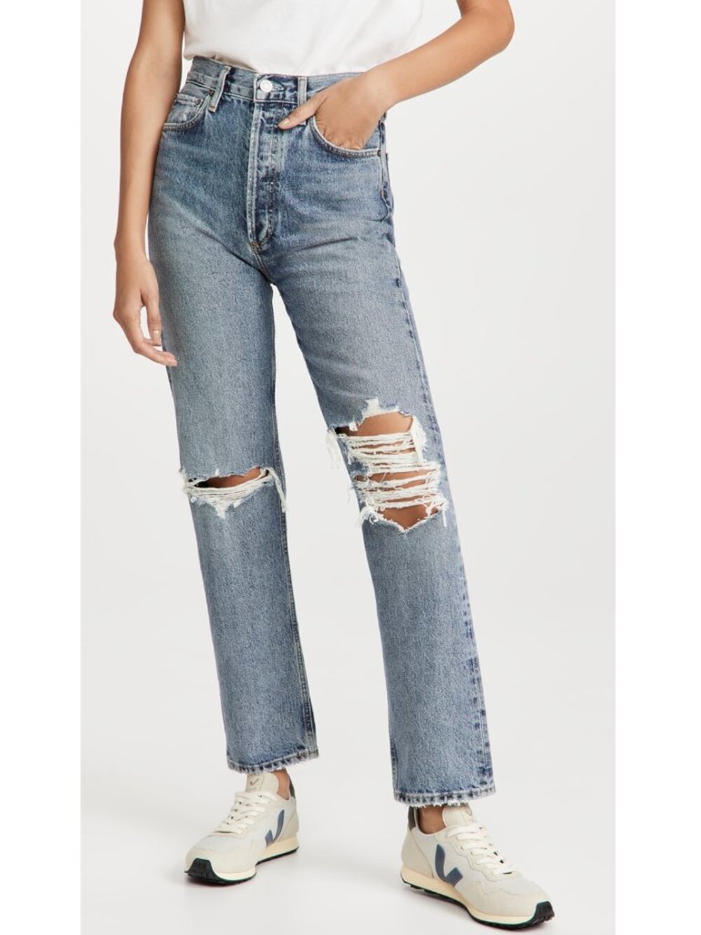 Agolde 90s Pinch Waist High Rise Straight Jeans Ripped in Backdrop Wash Blue 29
